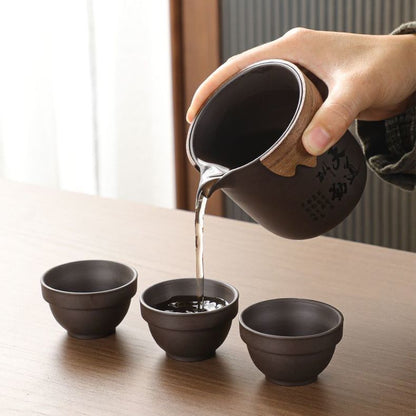 Raw Zisha Clay Travel Tea Set – “Tian Dao Chou Qin” Calligraphy | Teapot & 6 Cups