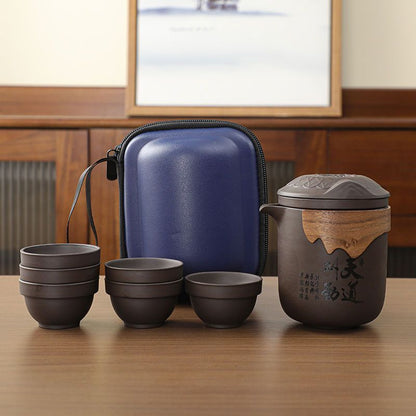 Raw Zisha Clay Travel Tea Set – “Tian Dao Chou Qin” Calligraphy | Teapot & 6 Cups