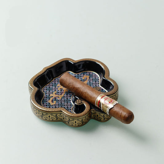 Jingdezhen Porcelain Cigar Ashtray – Gold & Silver Inlay Scroll Pattern | Black