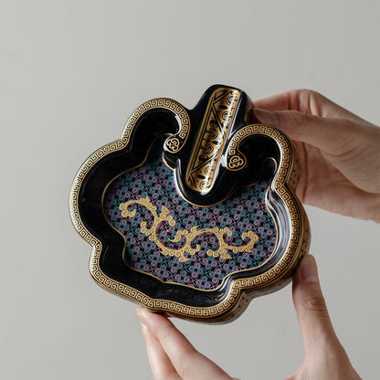 Jingdezhen Porcelain Cigar Ashtray – Gold & Silver Inlay Scroll Pattern | Black