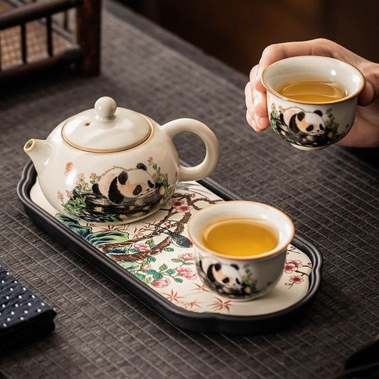 Panda Xishi Teapot Set | 210ml Teapot + 2 Cups (70ml) + Dry-Brew Tea Tray