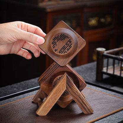 Walnut Carved Teacup Coaster Set – 6 Coasters & Tripod Stand