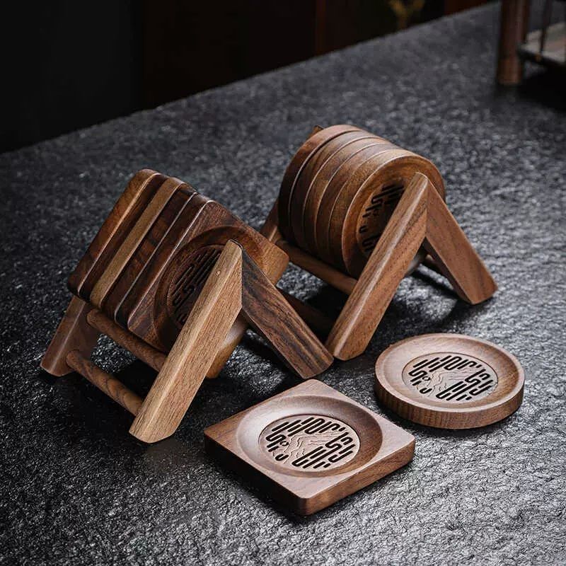 Walnut Carved Teacup Coaster Set – 6 Coasters & Tripod Stand