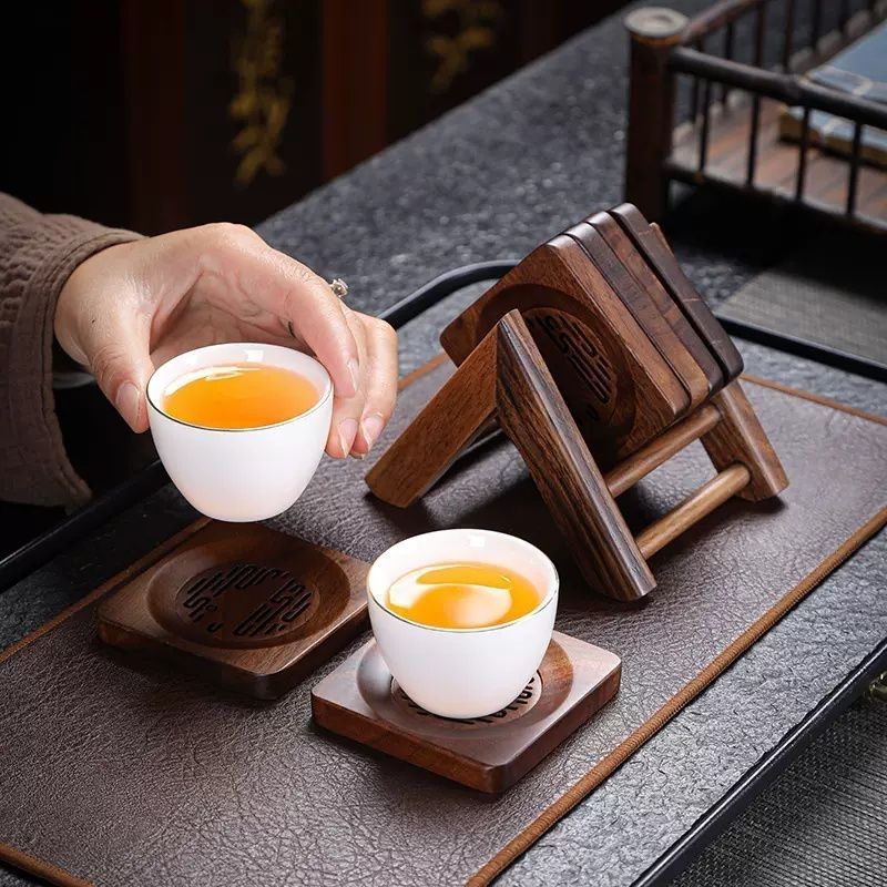 Walnut Carved Teacup Coaster Set – 6 Coasters & Tripod Stand