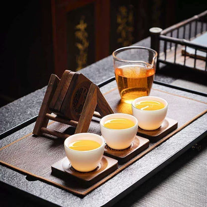 Walnut Carved Teacup Coaster Set – 6 Coasters & Tripod Stand