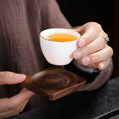 Walnut Carved Teacup Coaster Set – 6 Coasters & Tripod Stand