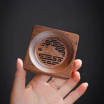 Walnut Carved Teacup Coaster Set – 6 Coasters & Tripod Stand