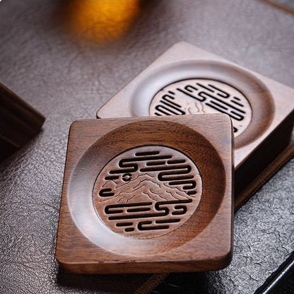 Walnut Carved Teacup Coaster Set – 6 Coasters & Tripod Stand