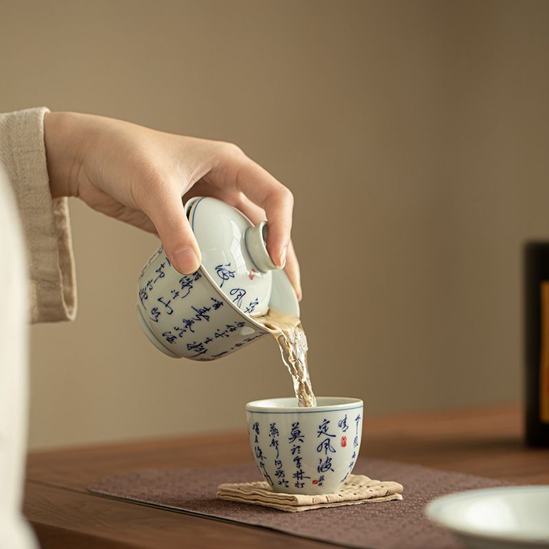 Ding Feng Bo Calligraphy Gaiwan Gift Set | Jingdezhen Porcelain Tea Set