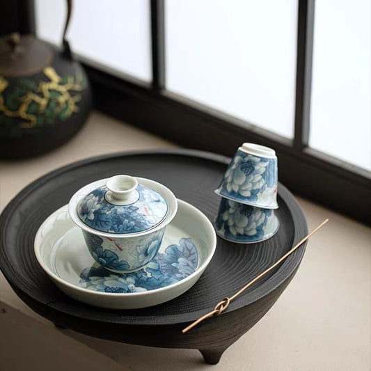 Antique Blue & White Fish Play Gaiwan Tea Set | Jingdezhen Porcelain