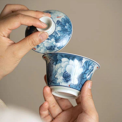 Antique Blue & White Fish Play Gaiwan Tea Set | Jingdezhen Porcelain