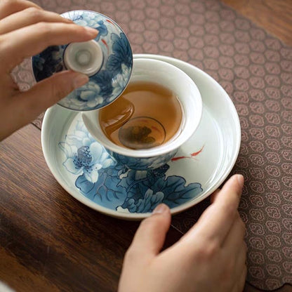Antique Blue & White Fish Play Gaiwan Tea Set | Jingdezhen Porcelain