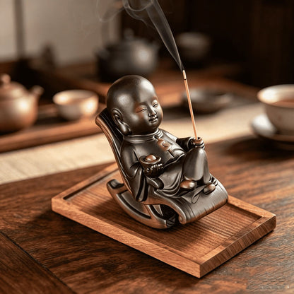 Purple Pottery Little Monk in Rocking Chair Incense Holder & Tea Pet