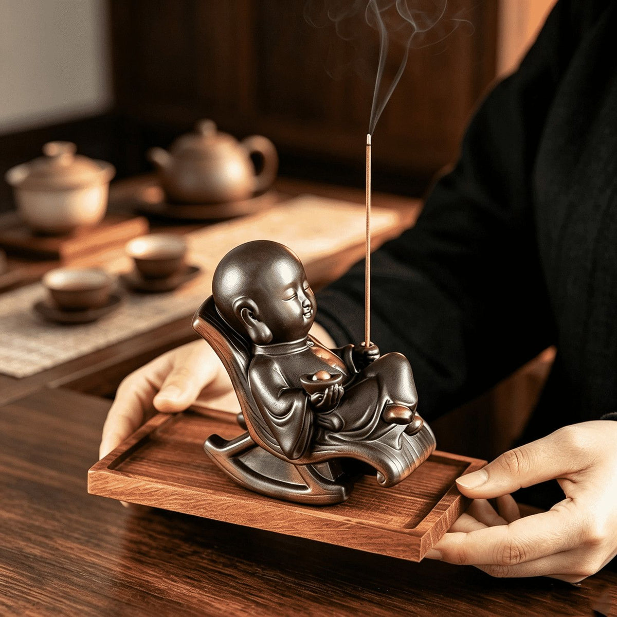 Purple Pottery Little Monk in Rocking Chair Incense Holder & Tea Pet