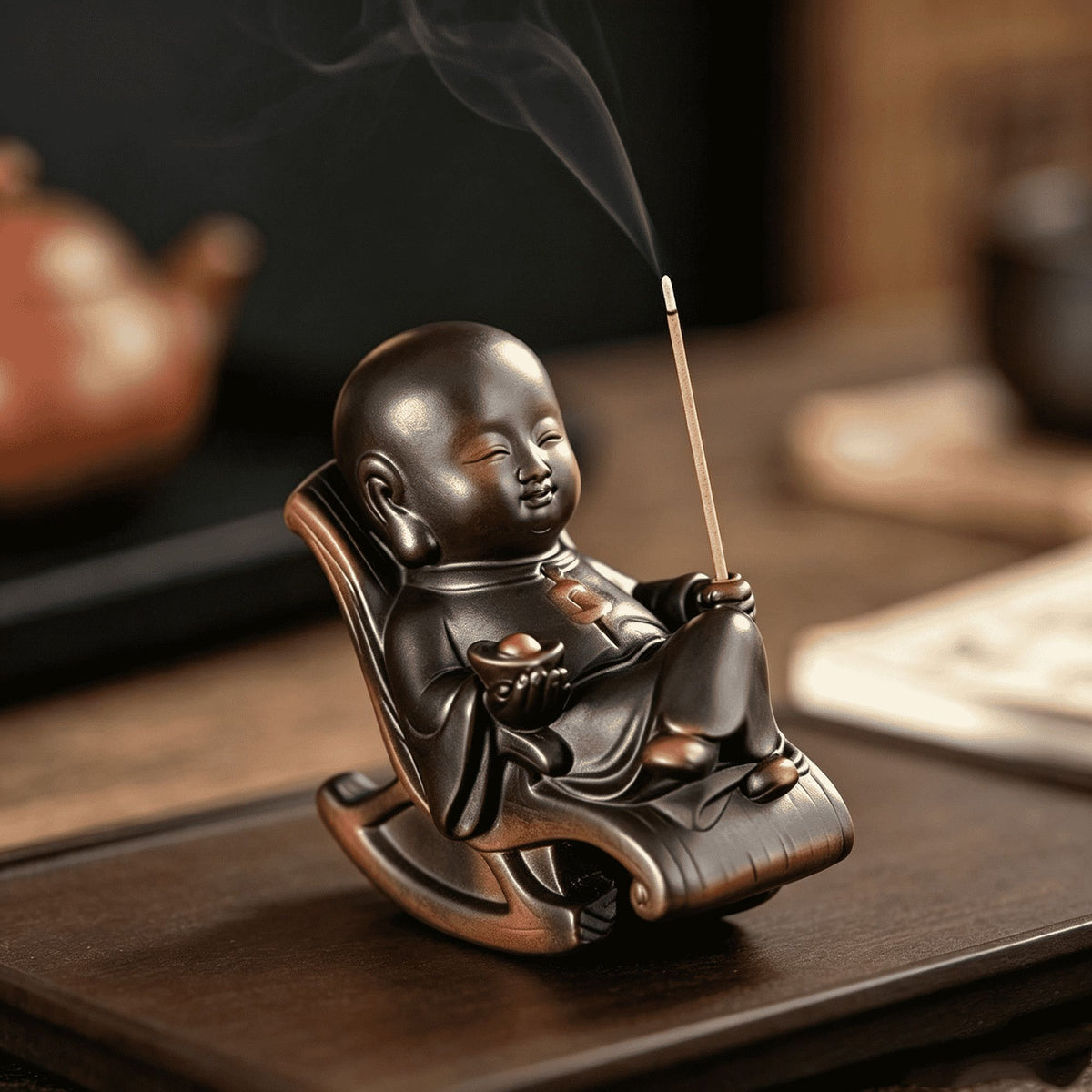 Purple Pottery Little Monk in Rocking Chair Incense Holder & Tea Pet