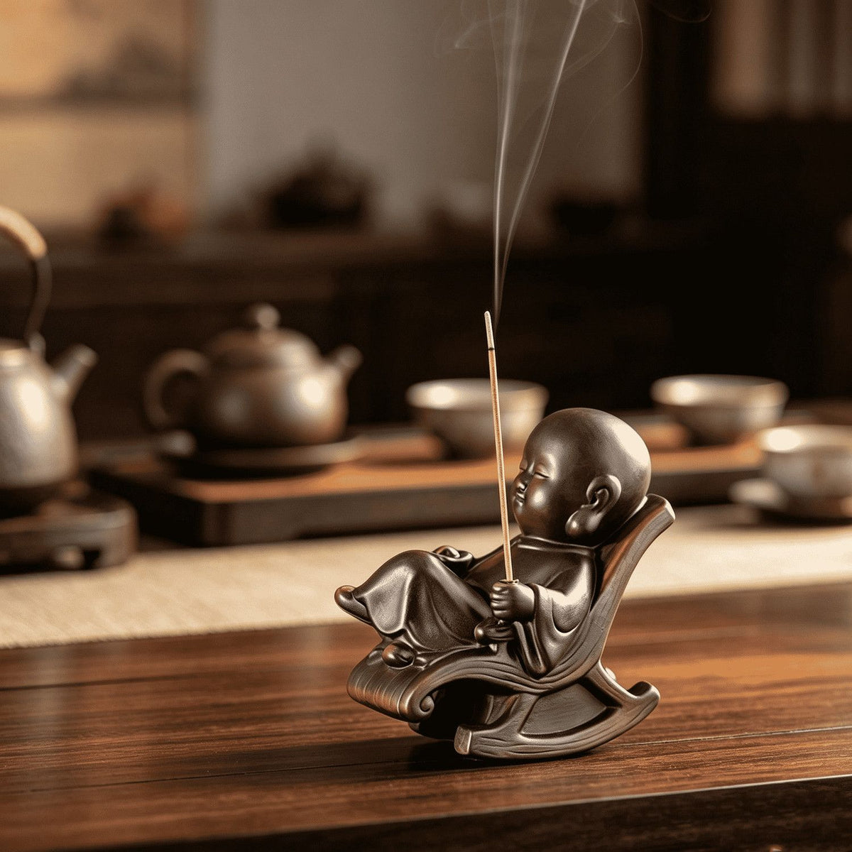 Purple Pottery Little Monk in Rocking Chair Incense Holder & Tea Pet