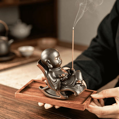 Purple Pottery Little Monk in Rocking Chair Incense Holder & Tea Pet