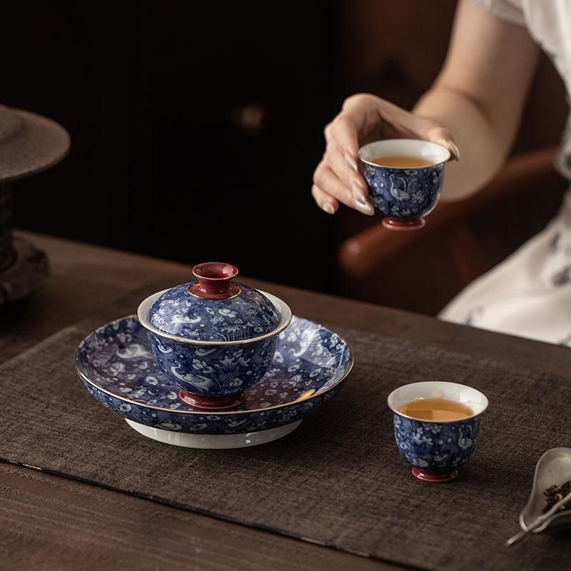 Crane Blue & White Enamel Jingdezhen Ceramic Teaware