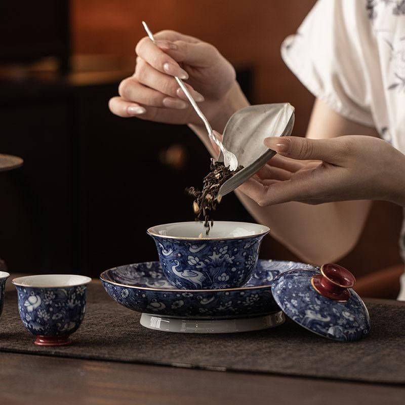 Crane Blue & White Enamel Jingdezhen Ceramic Teaware