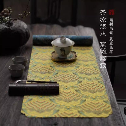 Chinese Double-Sided Brocade Peacock Feather Table Runner – Tea Ceremony Cloth | Blue & Gold (4 Sizes)