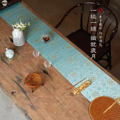 Chinese Double-Sided Brocade Lotus Table Runner – Tea Ceremony Cloth | Deep Green & Lake Blue (4 Sizes)