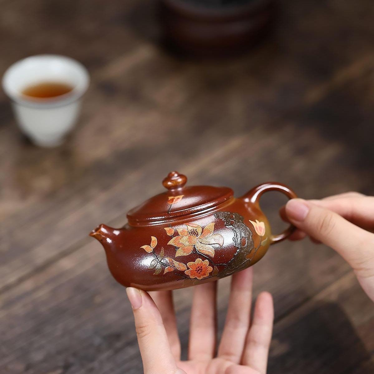 Yixing Purple Clay Teapot "Cold River" 200ml - Fire Cloud Firing with Clay Painting