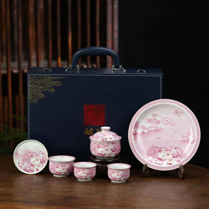 Jingdezhen Agate Ruby Red Snow Landscape Gongfu Tea Set – Overglaze Famille Rose | Gift Box | 5-Piece