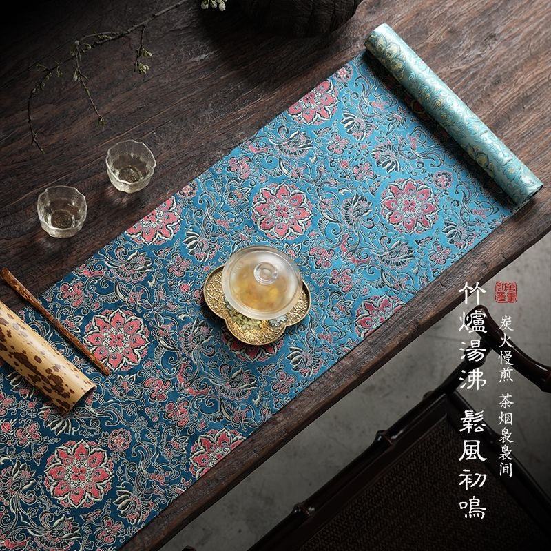 Chinese Double-Sided Brocade Lotus Table Runner – Tea Ceremony Cloth | Red & Blue Lotus on Blue (4 Sizes)