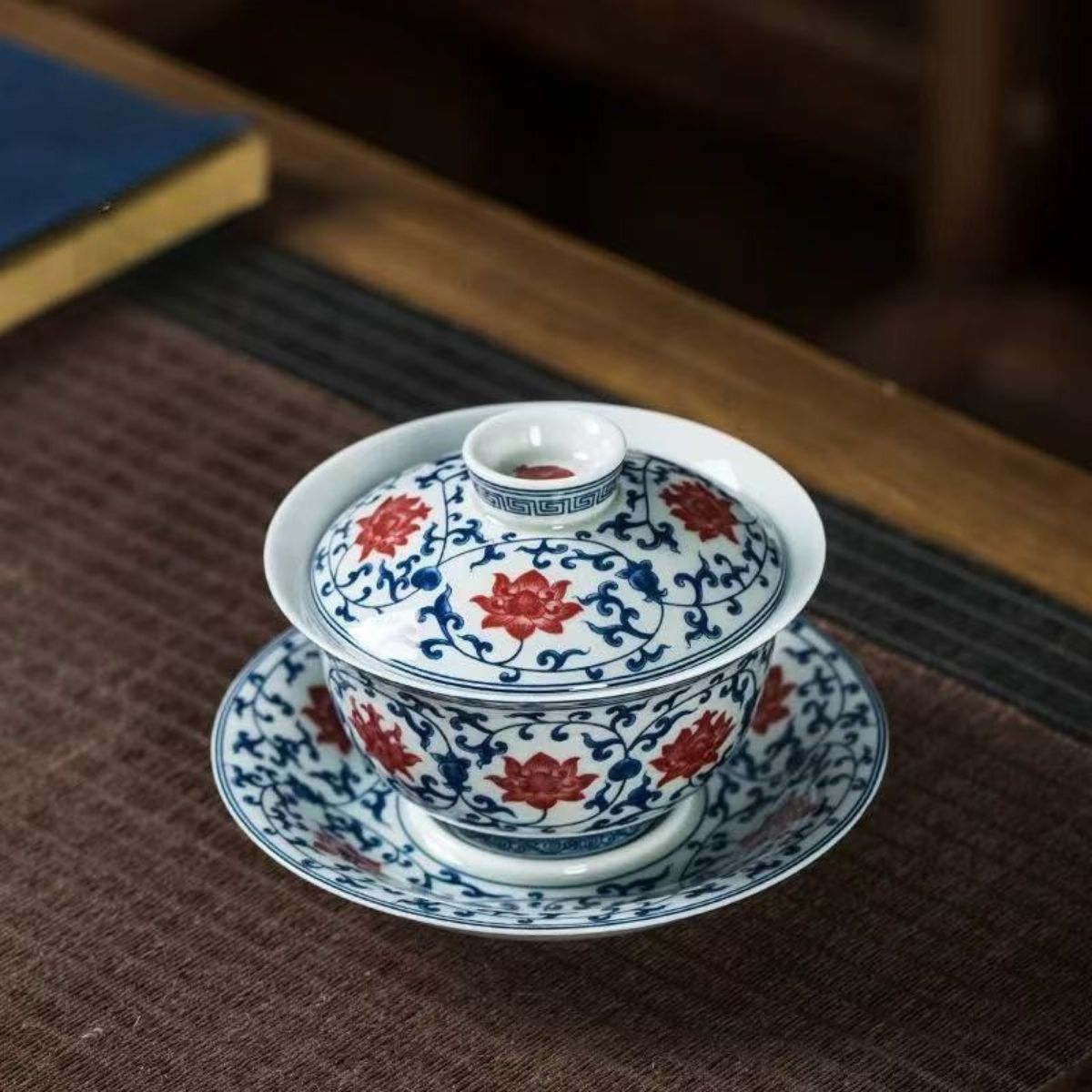Jingdezhen Blue & Red Gaiwan Tea Set | Vintage Underglaze Ceramic with 2 Cups 160ml