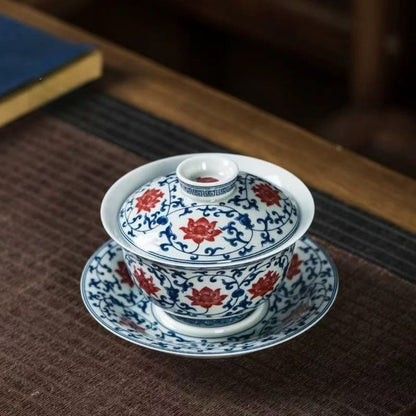 Jingdezhen Blue & Red Gaiwan Tea Set | Vintage Underglaze Ceramic with 2 Cups 160ml