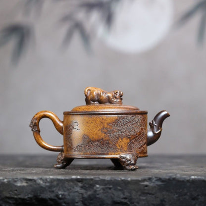 Yixing Wood-Fired Teapot "Dragon & Tiger Han Tile" 230ml - Dragon Bone Golden Sand Clay