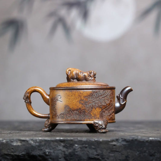 Yixing Wood-Fired Teapot "Dragon & Tiger Han Tile" 230ml - Dragon Bone Golden Sand Clay