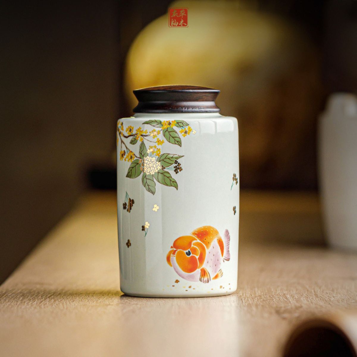 Golden Osmanthus & Lucky Carp Ceramic Tea Canister | 260ml Tea Storage Jar