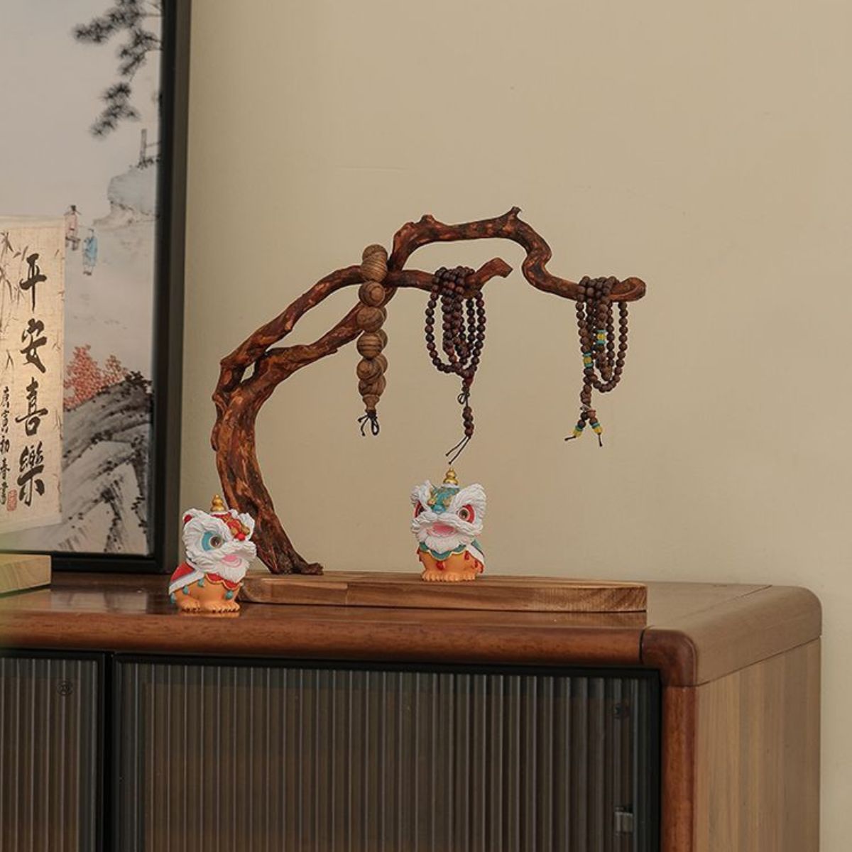 Solid Wood Root Carving Bracelet Display Stand Set – with Lion Figurine & Lotus Incense Holder