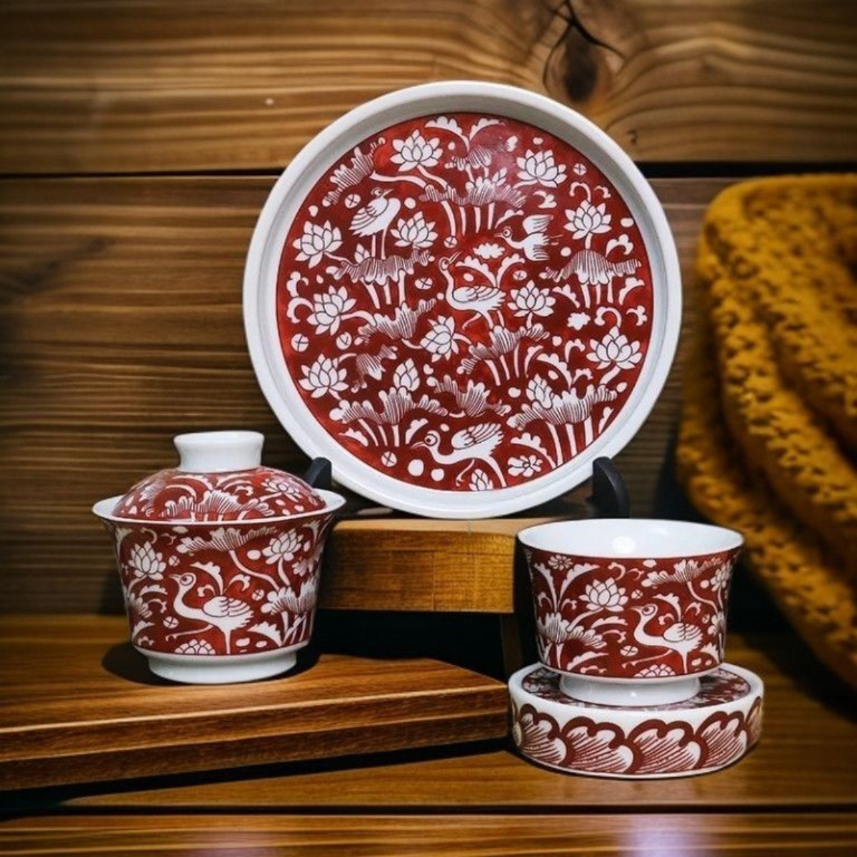 White Crane & Lotus Underglaze Red Teaware
