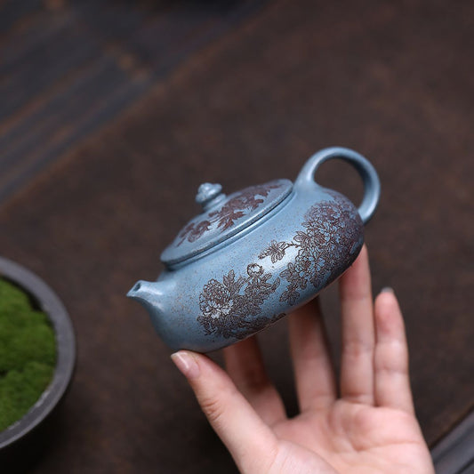 Yixing Zisha Teapot | Royal Blue Duan Ni with Hand-Engraved Peony | 180ml Gongfu Tea Pot