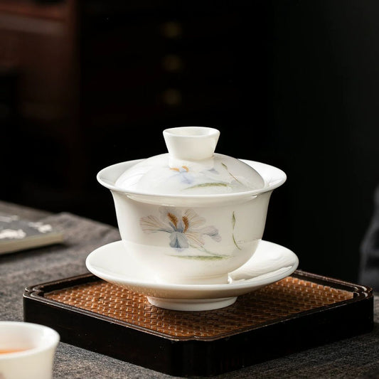 Suet Jade Porcelain Gaiwan Set | Embroidered Iris Pattern with 2 Cups 170ml