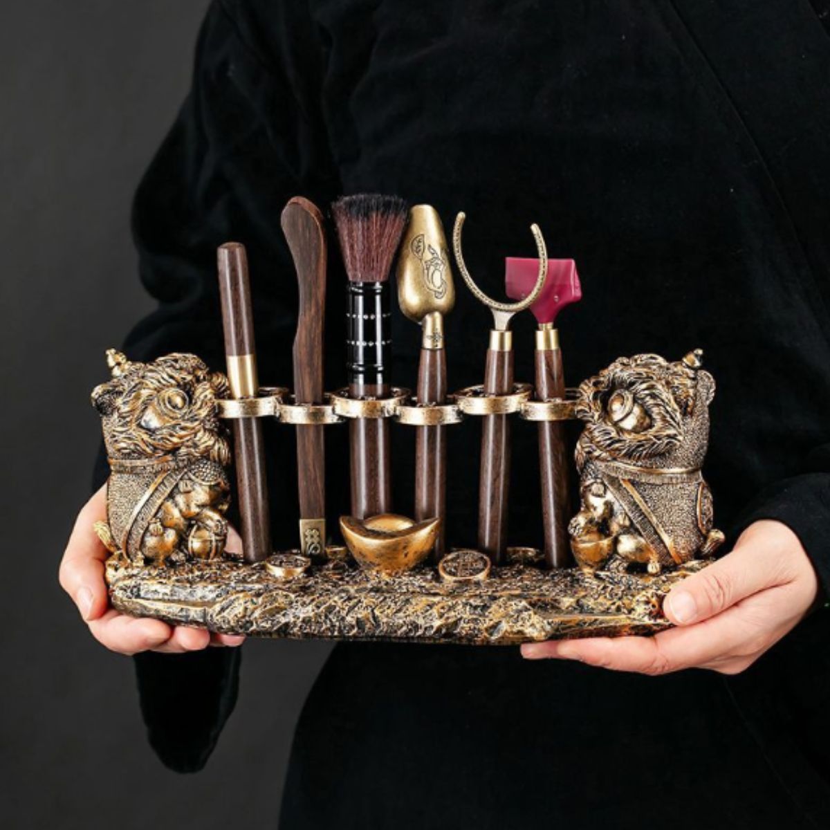 Lion Guardian Tea Ceremony Set - 6-Piece Gongfu Tea Tool Kit with Multi-Function Stand