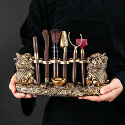 Lion Guardian Tea Ceremony Set - 6-Piece Gongfu Tea Tool Kit with Multi-Function Stand