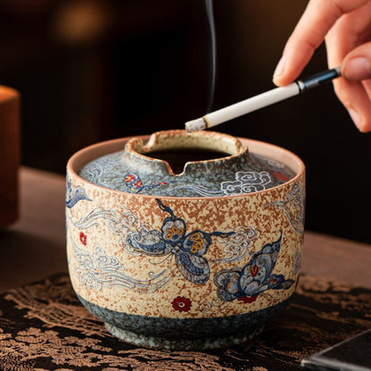 Blue & White Porcelain Ashtray – Flint Red Cloud & Butterfly Motif | Decorative Ceramic