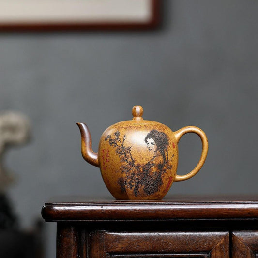 Yixing Purple Clay Teapot 260ml - Wood-Fired Yu Mei Ren Poppy Design Zisha Tea Pot