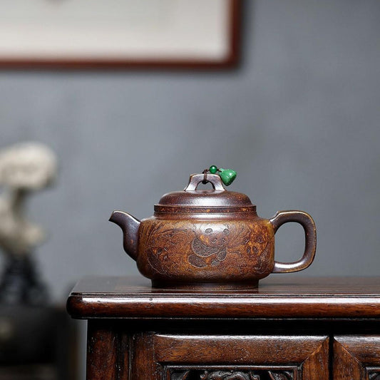 Handmade Yixing Purple Clay Teapot 300ml - Original High-Temperature Duan Ni Panda Bamboo Zisha Gongfu Tea Pot