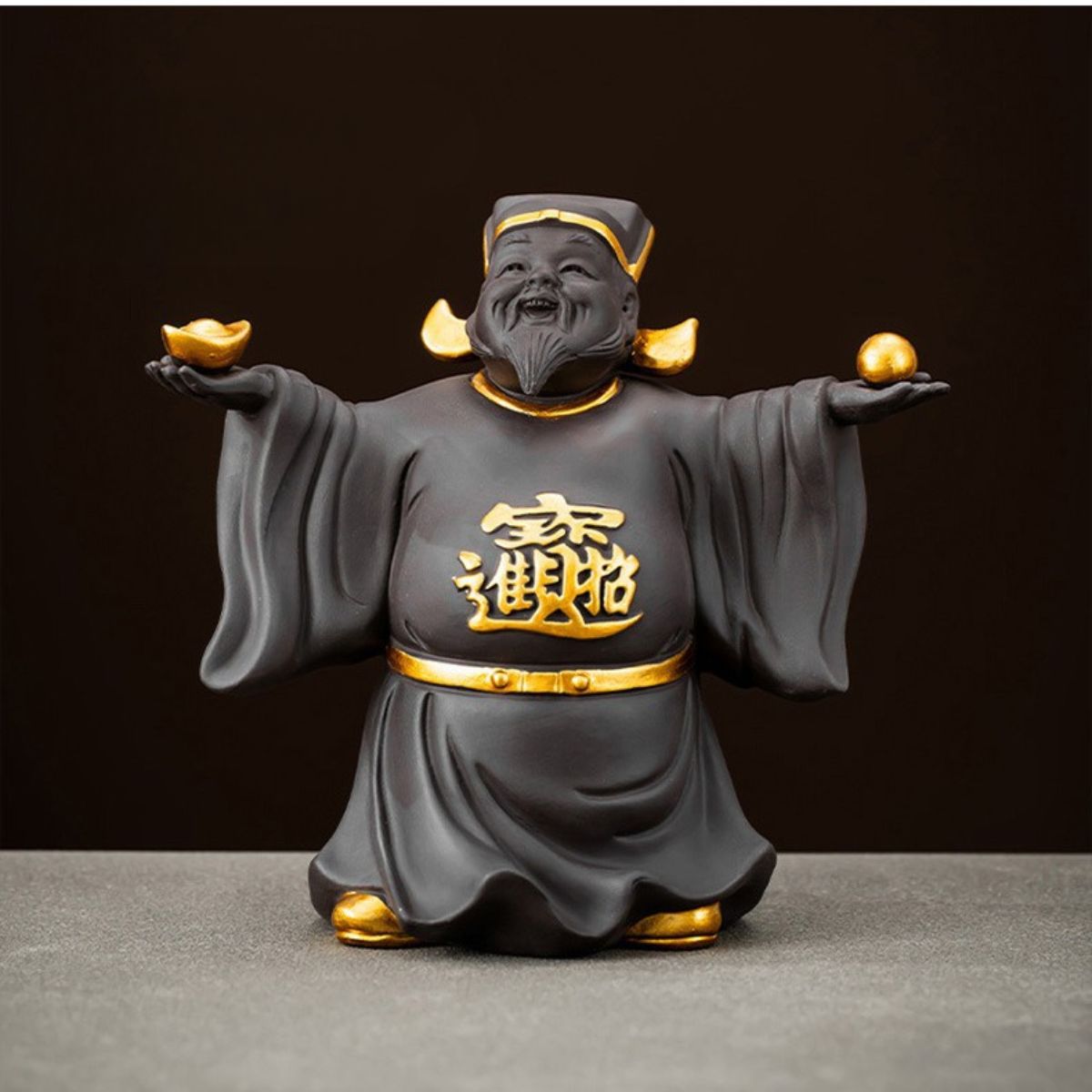 Gold-Accented Caishen Zisha Tea Pet – God of Wealth