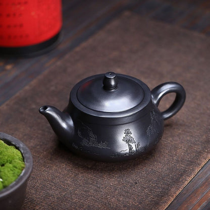 Handmade Yixing Purple Clay Teapot 300ml - Original Shi Huang Clay Landscape Carved Gongfu Tea Pot