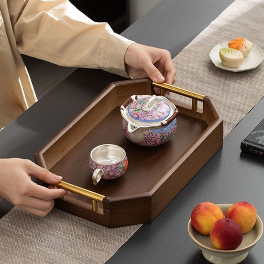 Chestnut Octagonal Serving Tray with Metal Handles – Tea Tray, Pastry Plate & Organizer | 2 Sizes
