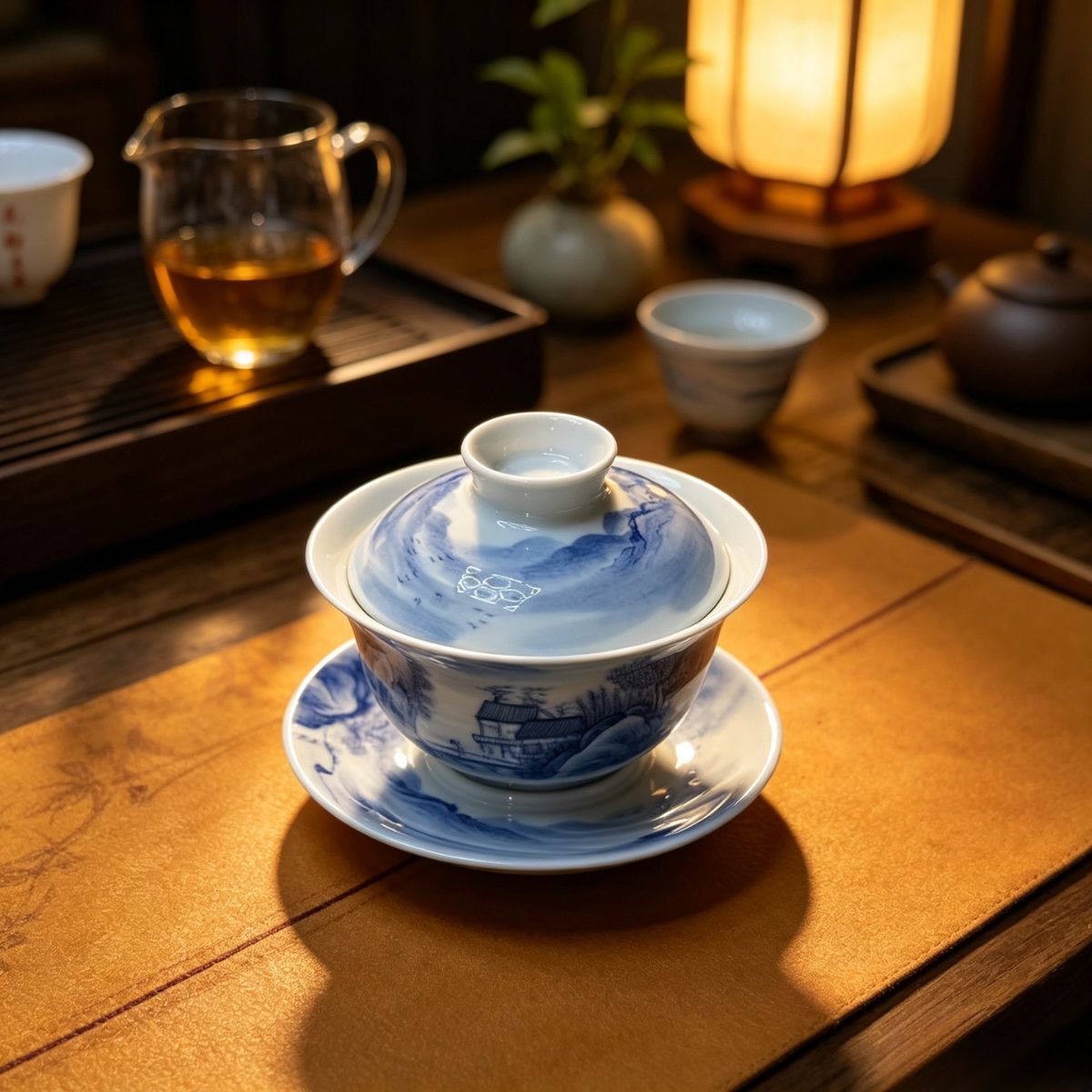Blue & White Landscape Tea Set – Hand-Painted Underglaze Gaiwan & Tasting Cups