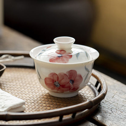 Peach Blossom Hand-Painted Ercai Gaiwan – 150ml Porcelain Tea Bowl