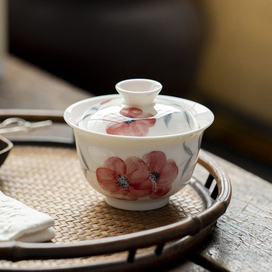 Peach Blossom Hand-Painted Ercai Gaiwan – 150ml Porcelain Tea Bowl