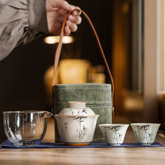 Wood Ash Glaze Ink Bamboo Travel Gaiwan Tea Set