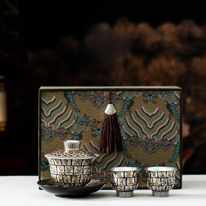 Liu Yin Wan Fo Ceramic Gaiwan Tea Set – Silver-Gilded (Gaiwan 130ml + Saucer + 2 Cups 45ml) Gift Box